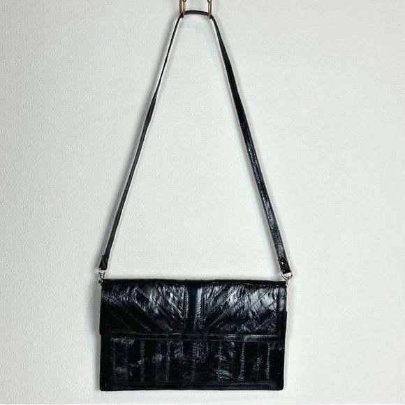 Vintage Black Eel Skin Leather 90s Convertible Shoulder Bag Clutch - Picture 1 of 8